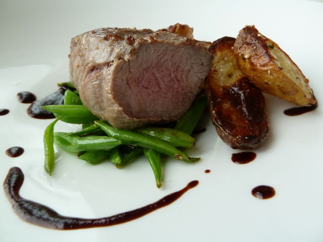 Veal Filet with Roast Potatoes, Sugar Peas and Red Wine Reduction