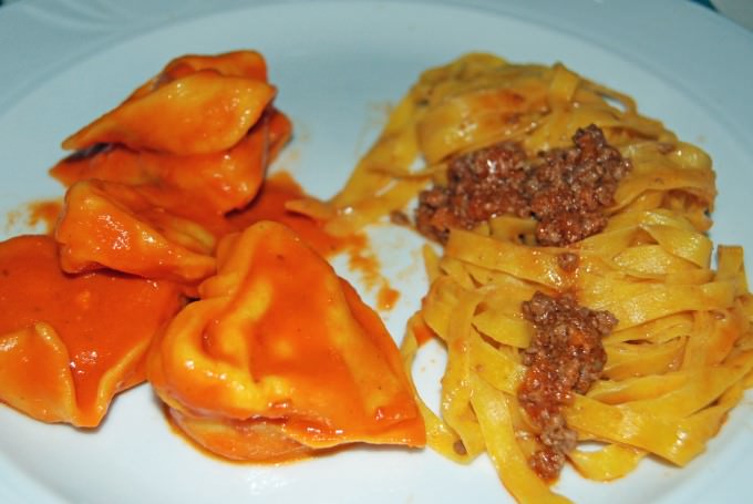 Pasta: tortellini with ricotta and tomato sauce, tagliatelle with bolognese