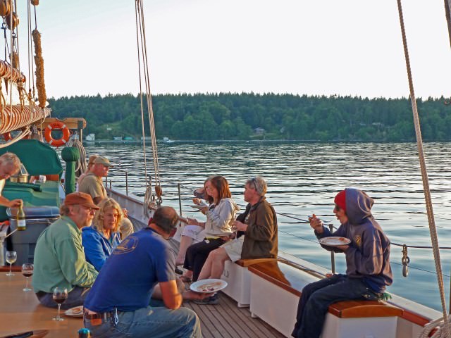 Dining on Deck of Schooner Zodiac as the Sun Sets
