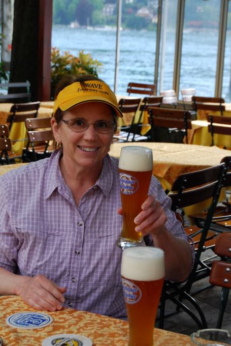 Jill enjoys a German beer at Caffè Lago 