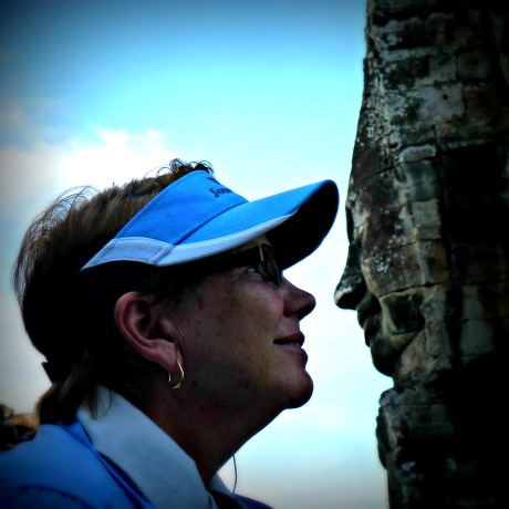 Jill nose to nose at Bayon in Angkor Thom 