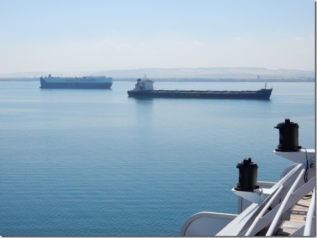 Ships waiting in the Bitter Lakes to enter the Suez Canal