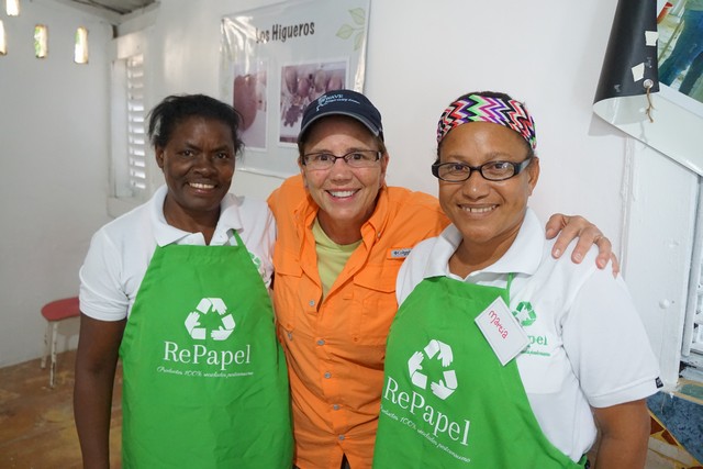 Best Positive Impact Travel Experience - Jill with women at RePapel in the Dominican Republic - Fathom social impact recycled paper activity.