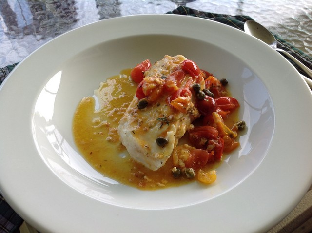 Cape Breton - Chanterelle Inn - Halibut en Cocotte with Roasted Garlic and Cherry Tomatoes