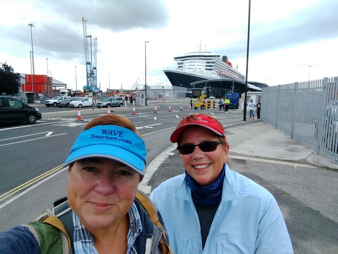 Viv and Jill about to board Cunard Queen Mary 2 in Southampton
