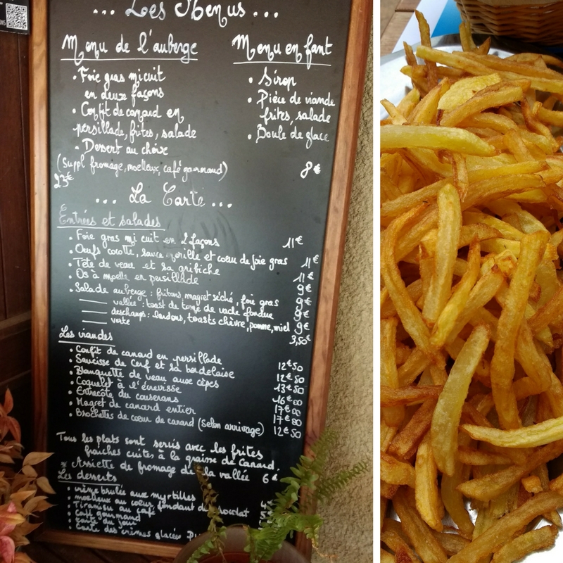 Auberge de la Core in the Bethmale Valley. Menu and duck fat fries.
