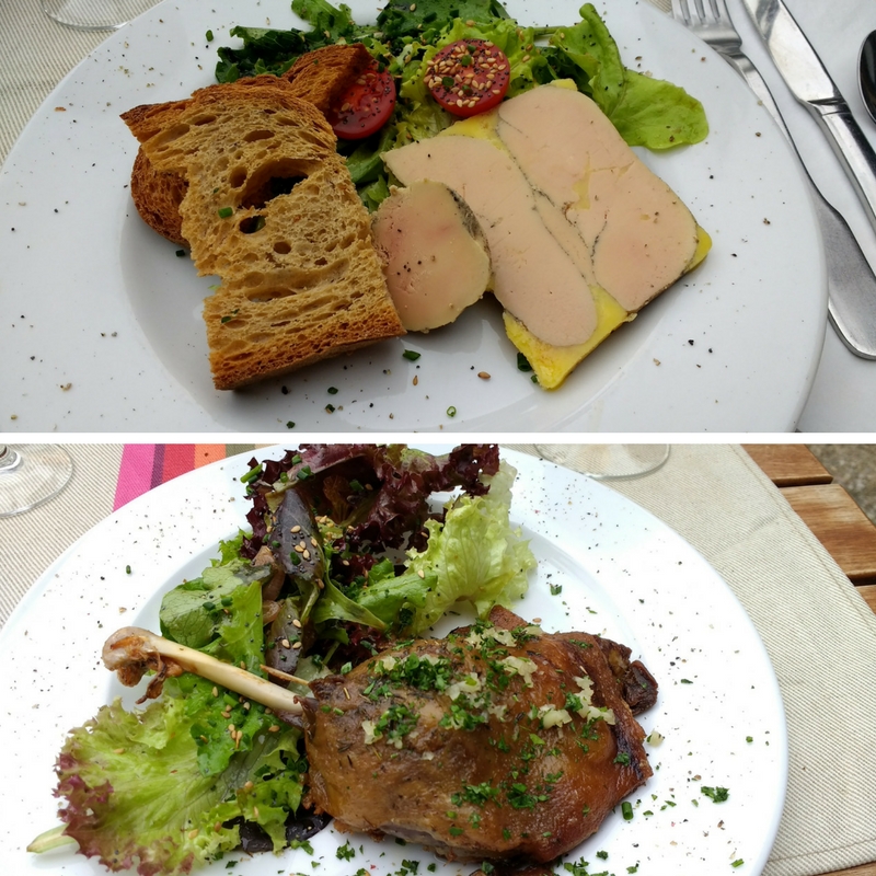 Auberge de la Core in the Bethmale Valley. Foie gras starter and duck confit with salad main course.