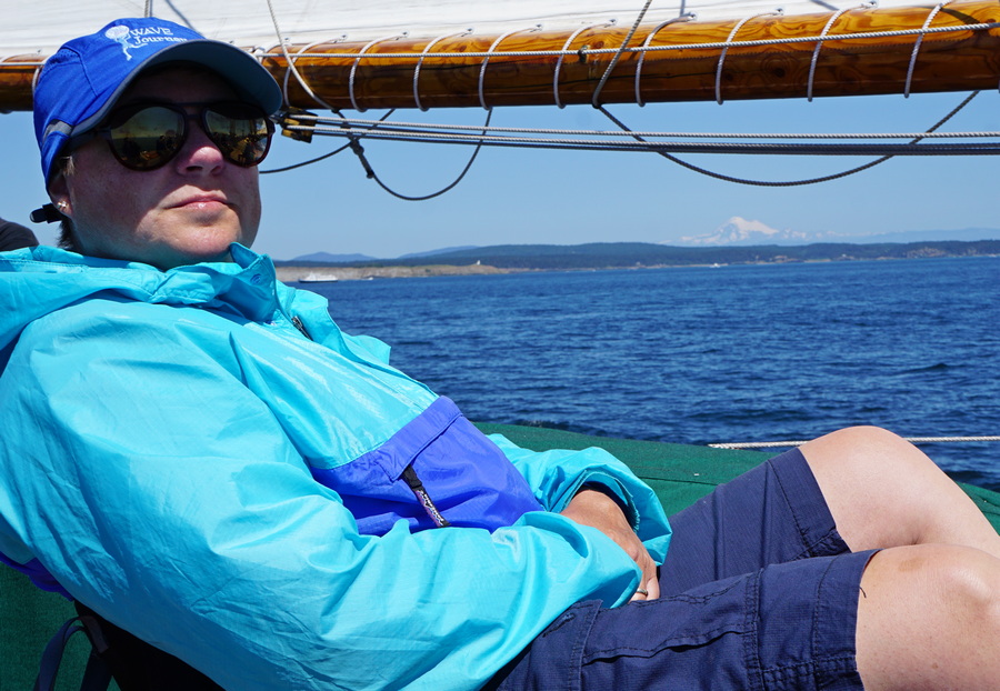 Viv enjoying sailing the San Juan Archipelago on Schooner Zodiac